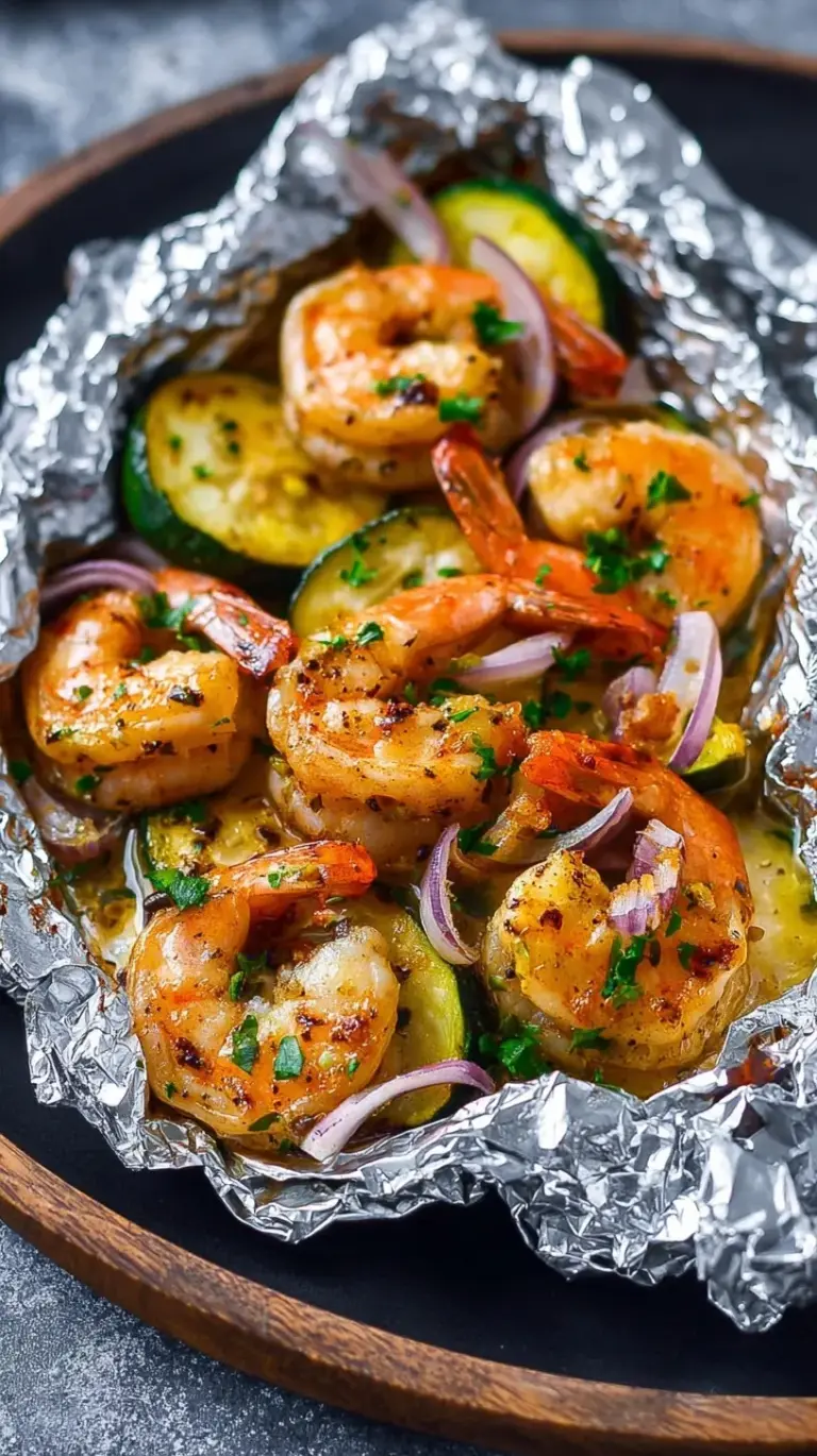 Four foil packets opened to reveal steamed shrimp, corn rounds, and zucchini with garlic butter and parsley.