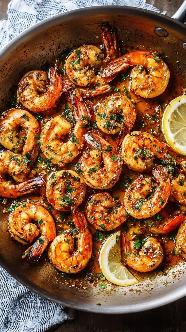 A black skillet filled with golden seared shrimp, minced garlic, and fresh green parsley
