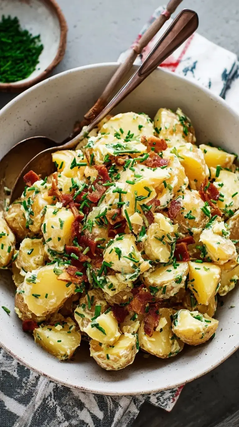 A bowl of warm German potato salad with sliced potatoes, crispy bacon, red onions, and fresh parsley.