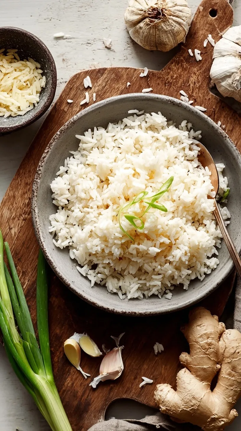 Bowl of fluffy ginger rice garnished with fresh herbs and sliced ginger on a rustic wooden table
