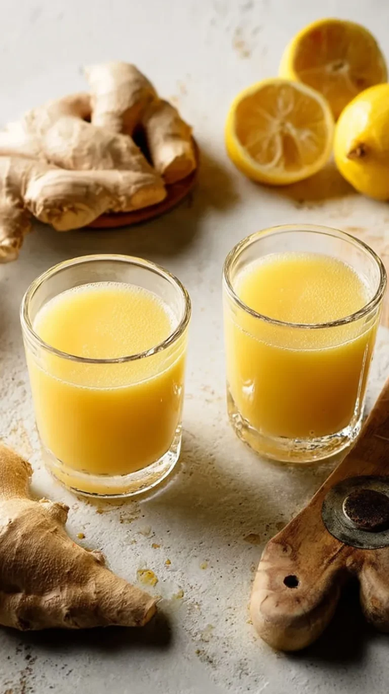Fresh ginger shots in small glass cups with lemon slices and raw ginger root on a marble countertop