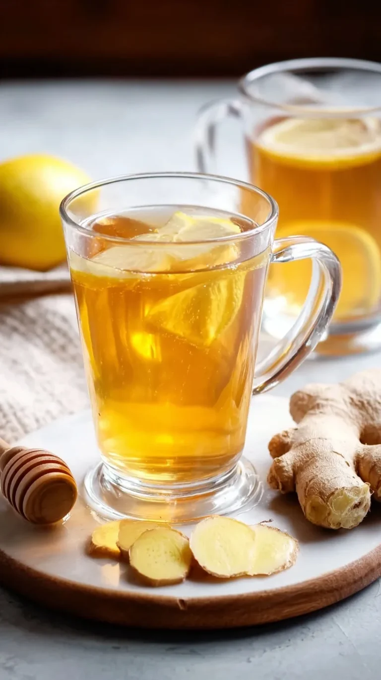 Steaming cup of homemade ginger tea with fresh ginger root and lemon slices on a wooden table