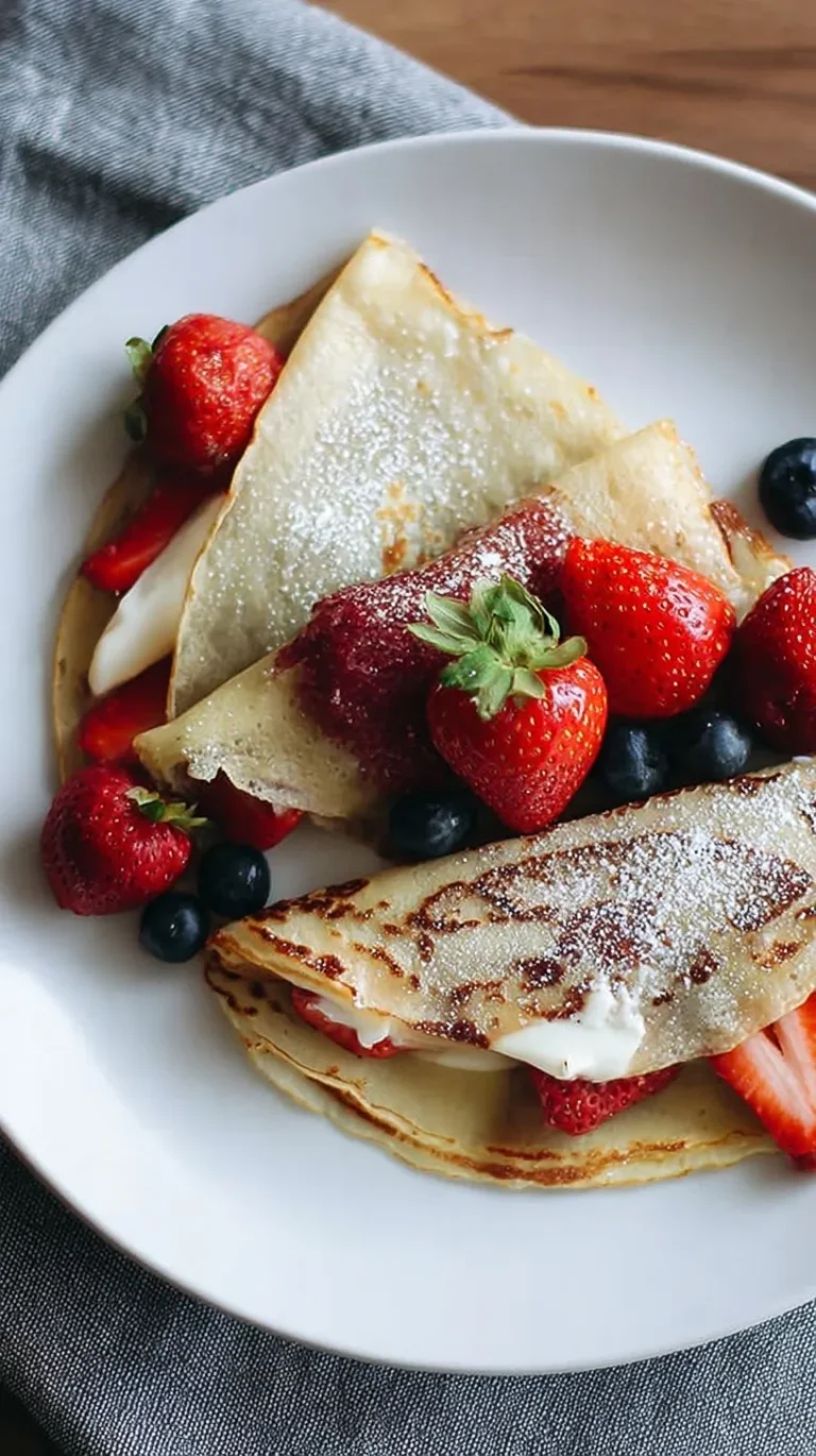 Stack of golden gluten-free crepes on a white plate with fresh berries and powdered sugar