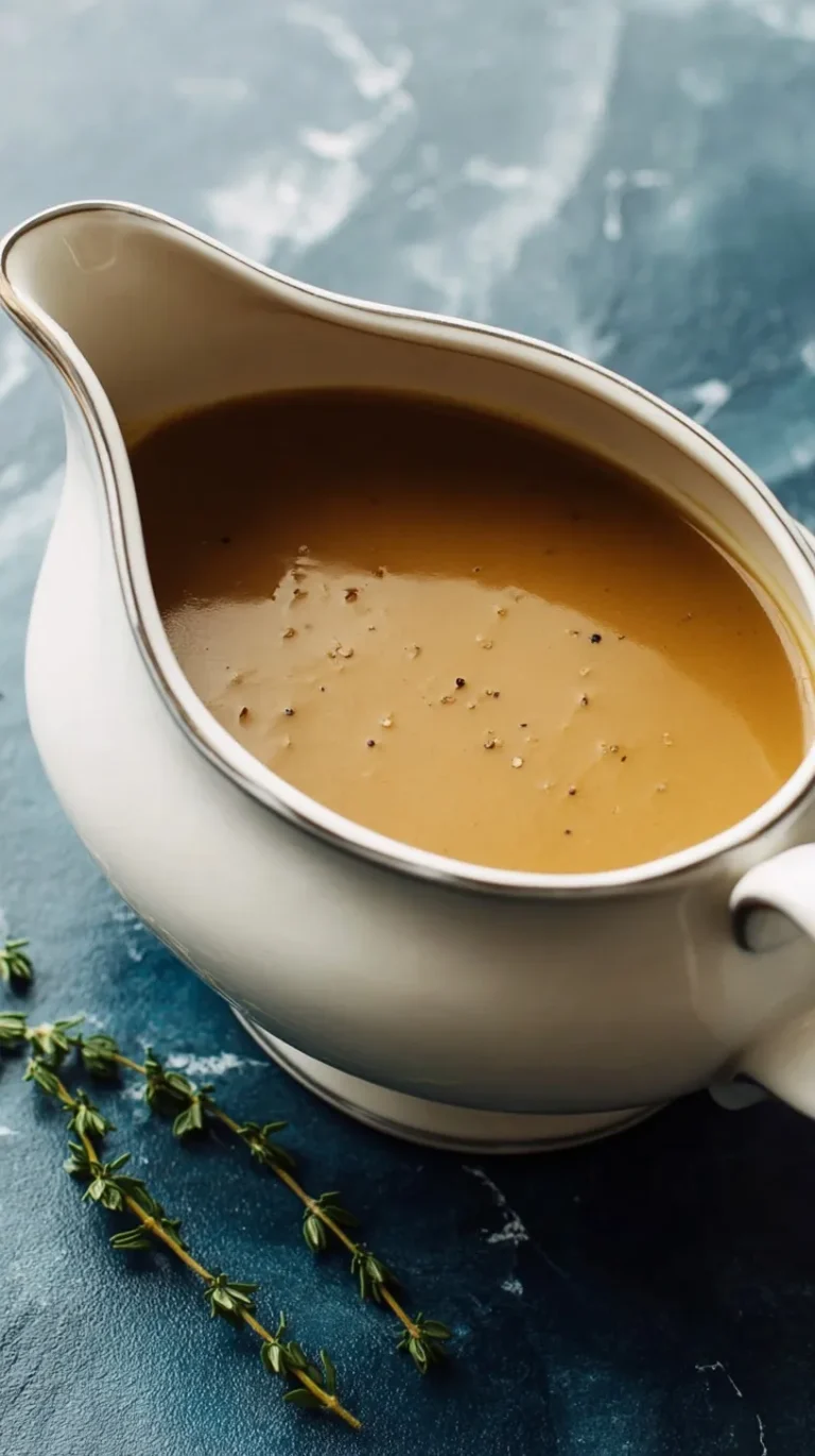 Bowl of rich gluten-free gravy with a ladle, golden brown and silky smooth texture