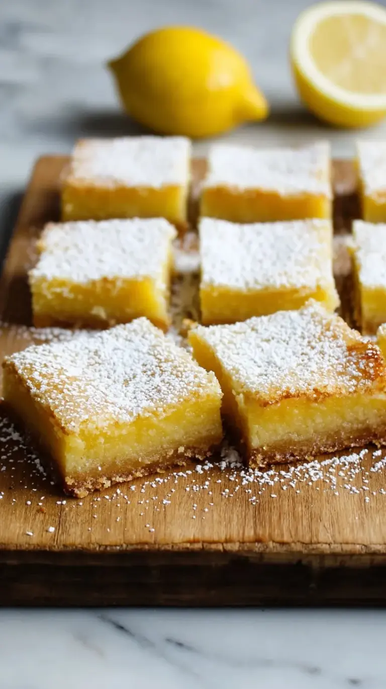 Sliced gluten-free lemon bars dusted with powdered sugar on a white platter
