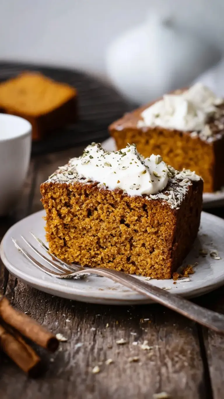 A golden, moist slice of gluten-free pumpkin cake on a modern ceramic plate with a sprig of fresh mint.