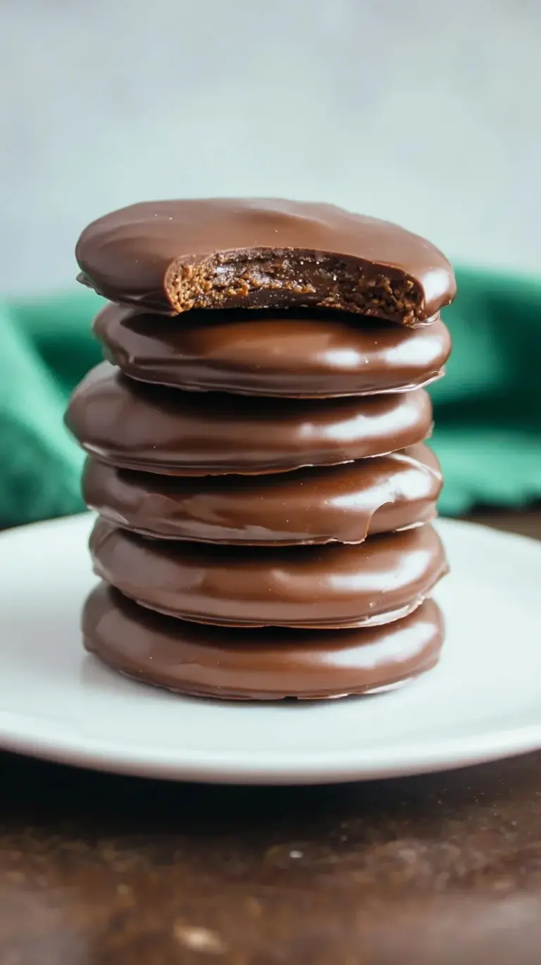 A stack of round chocolate peppermint cookies dipped in dark chocolate on a marble surface.