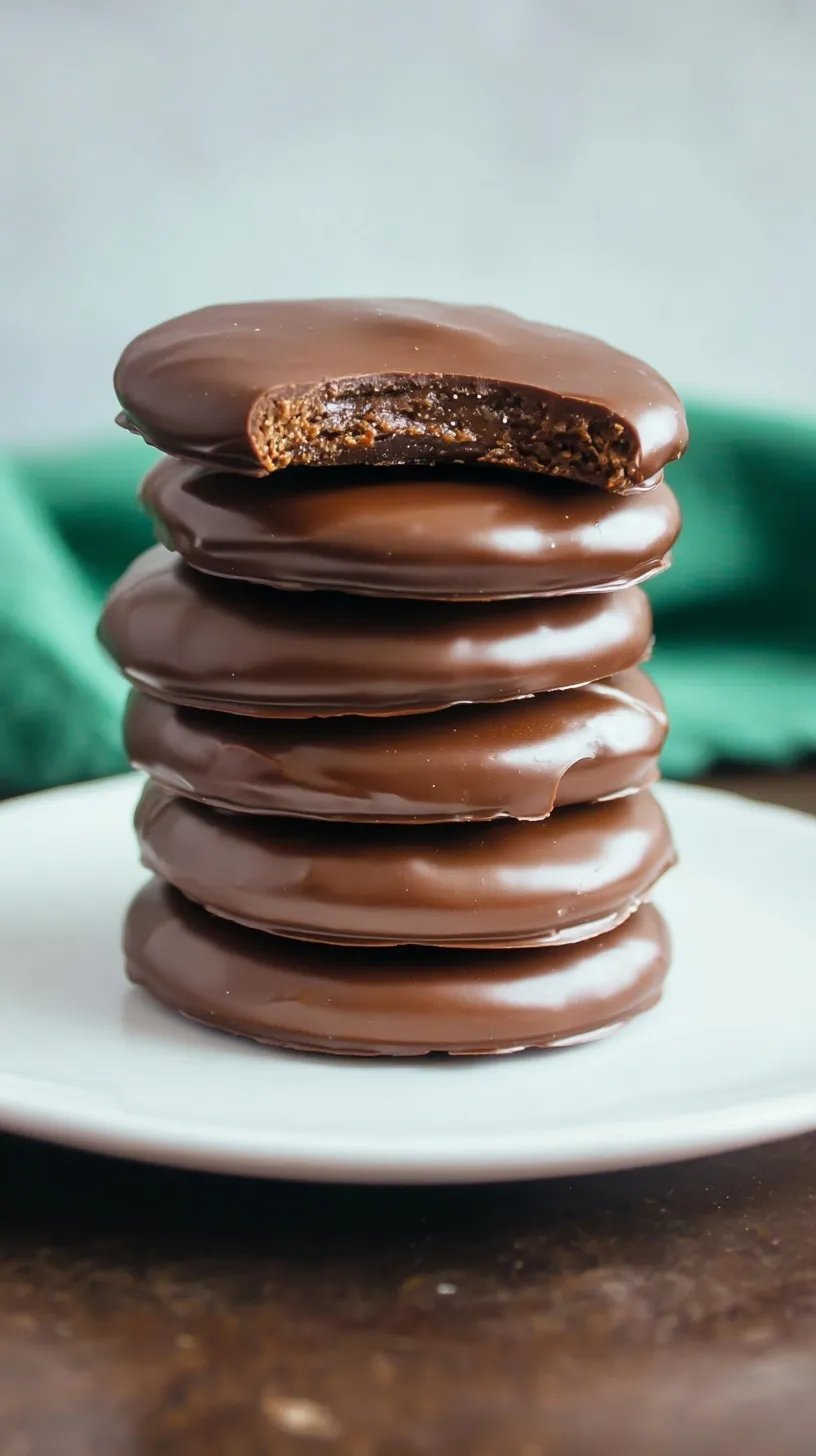 A stack of round chocolate peppermint cookies dipped in dark chocolate on a marble surface.