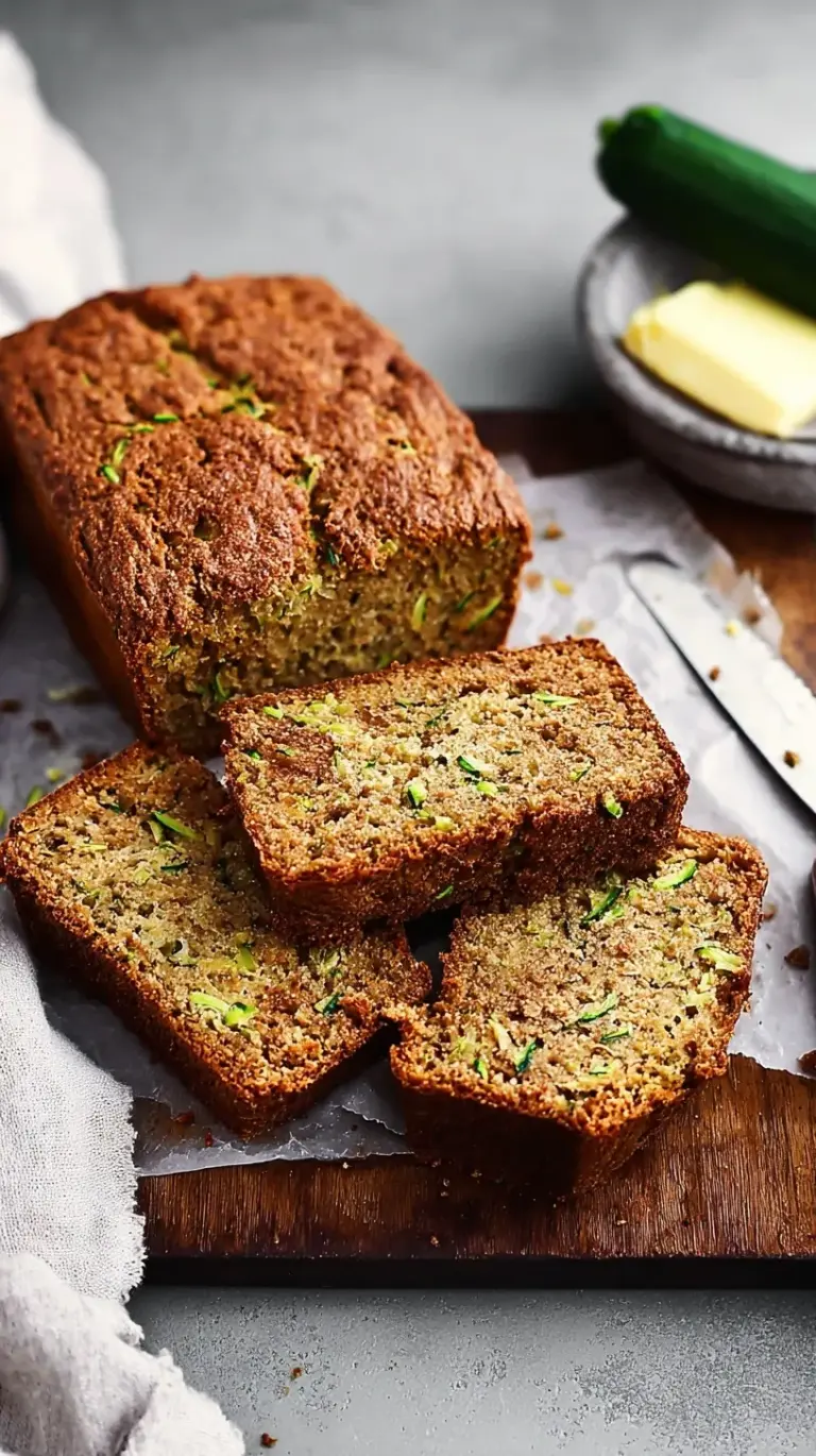 A golden-brown slice of moist gluten-free zucchini bread with shredded zucchini visible, on a rustic wooden board.
