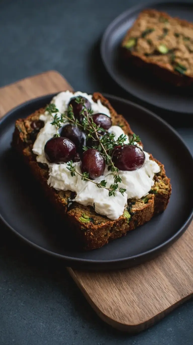 Slices of gluten-free zucchini bread topped with creamy burrata cheese and balsamic roasted grapes