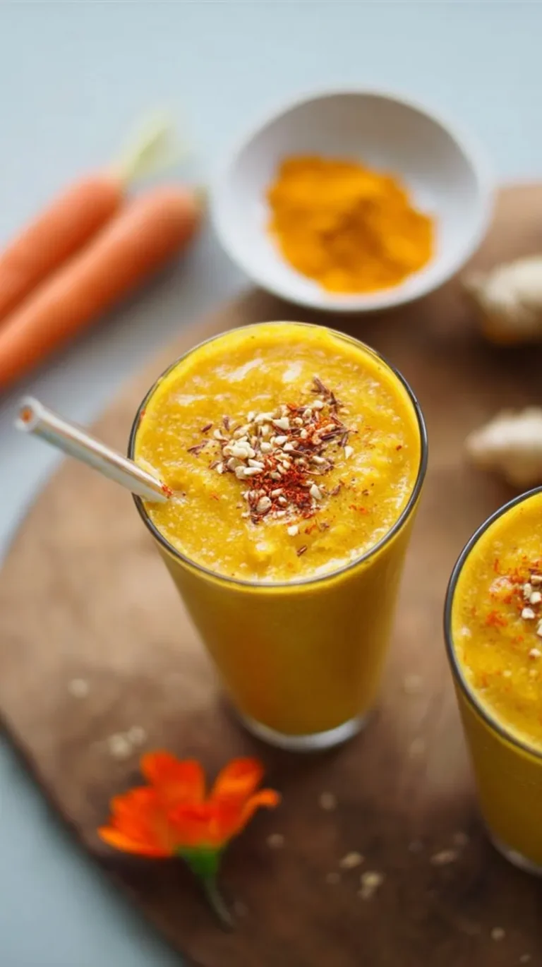 Glass of golden beet, carrot and turmeric smoothie with vibrant orange color on wooden table