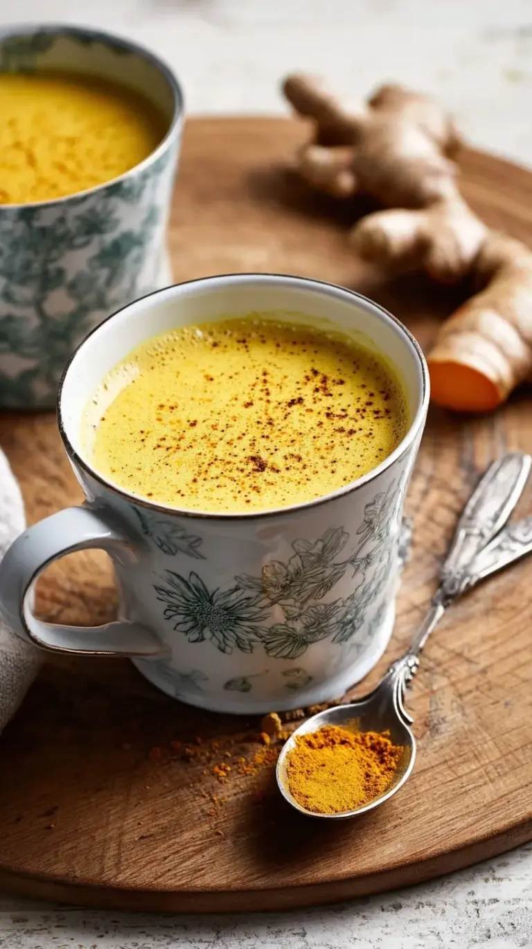 A steaming mug of golden milk topped with a sprinkle of ground cinnamon on a wooden table.