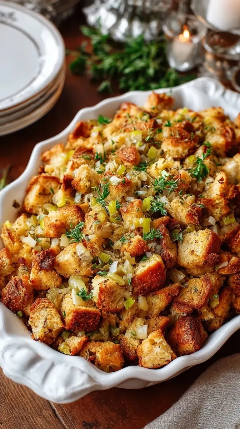 Golden brown traditional Thanksgiving stuffing in a baking dish with fresh parsley on top