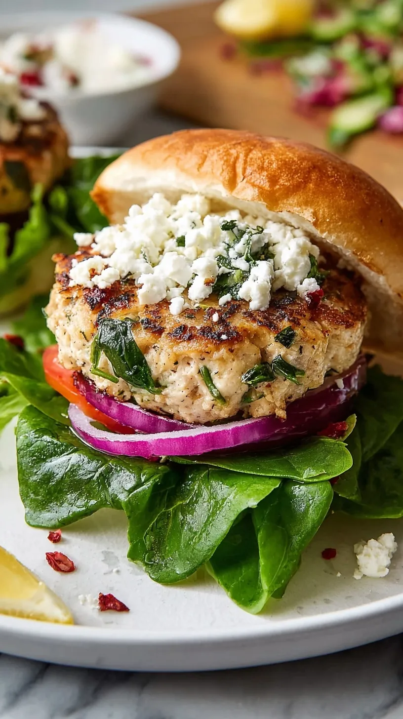 Close-up of a perfectly grilled Greek Chicken Burger on a bun with fresh toppings and a dollop of tzatziki sauce.