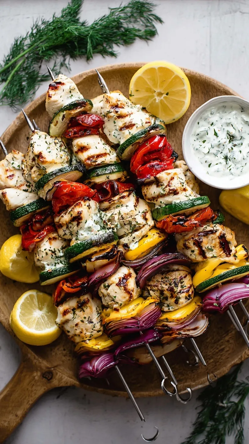 Close-up of golden-brown grilled Greek Chicken Kabobs with colorful vegetables on skewers.