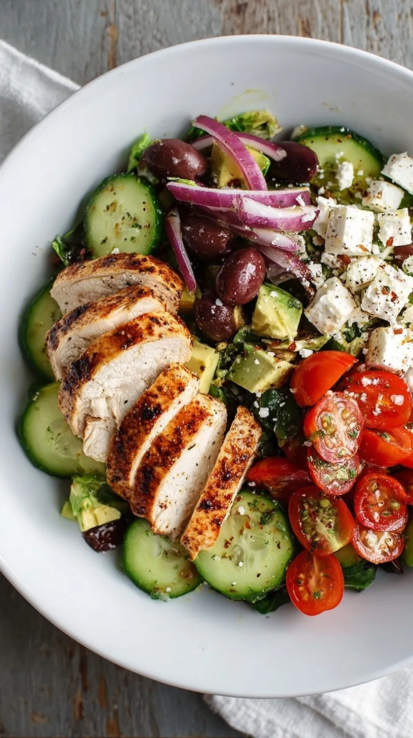 A vibrant Greek Chicken Salad topped with sliced grilled chicken, feta cheese, and kalamata olives in a large bowl.
