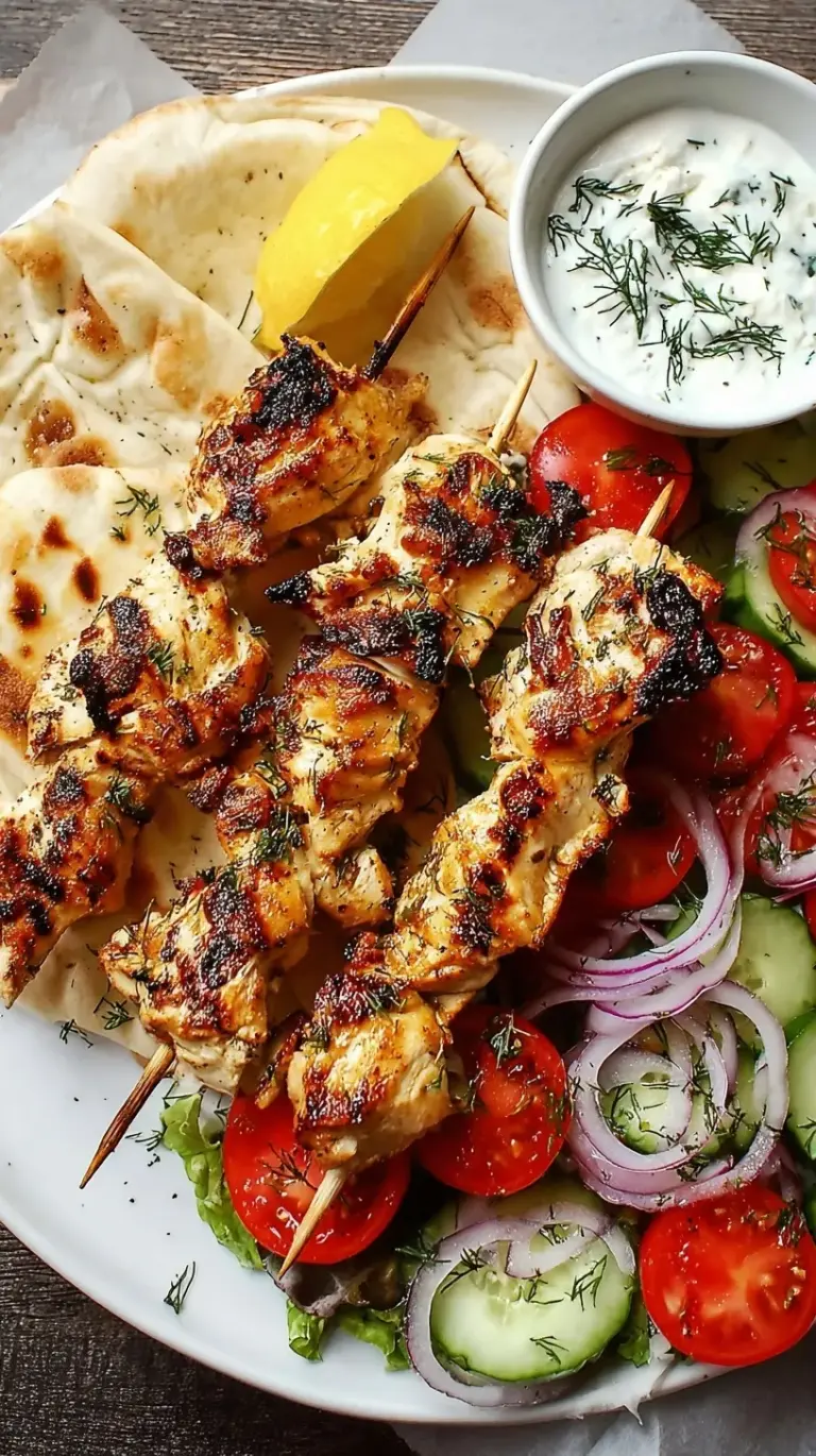 Close-up of golden-brown Greek Chicken Souvlaki skewers with fresh lemon wedges and herbs.
