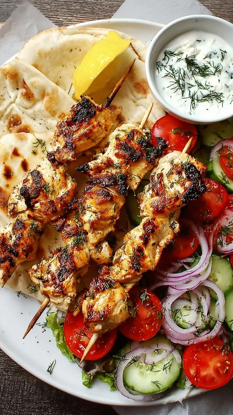 Close-up of golden-brown Greek Chicken Souvlaki skewers with fresh lemon wedges and herbs.