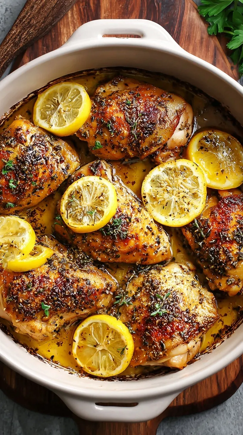 Golden brown Greek Lemon Chicken thighs with roasted potatoes and fresh herbs, garnished with lemon slices on a rustic baking sheet.