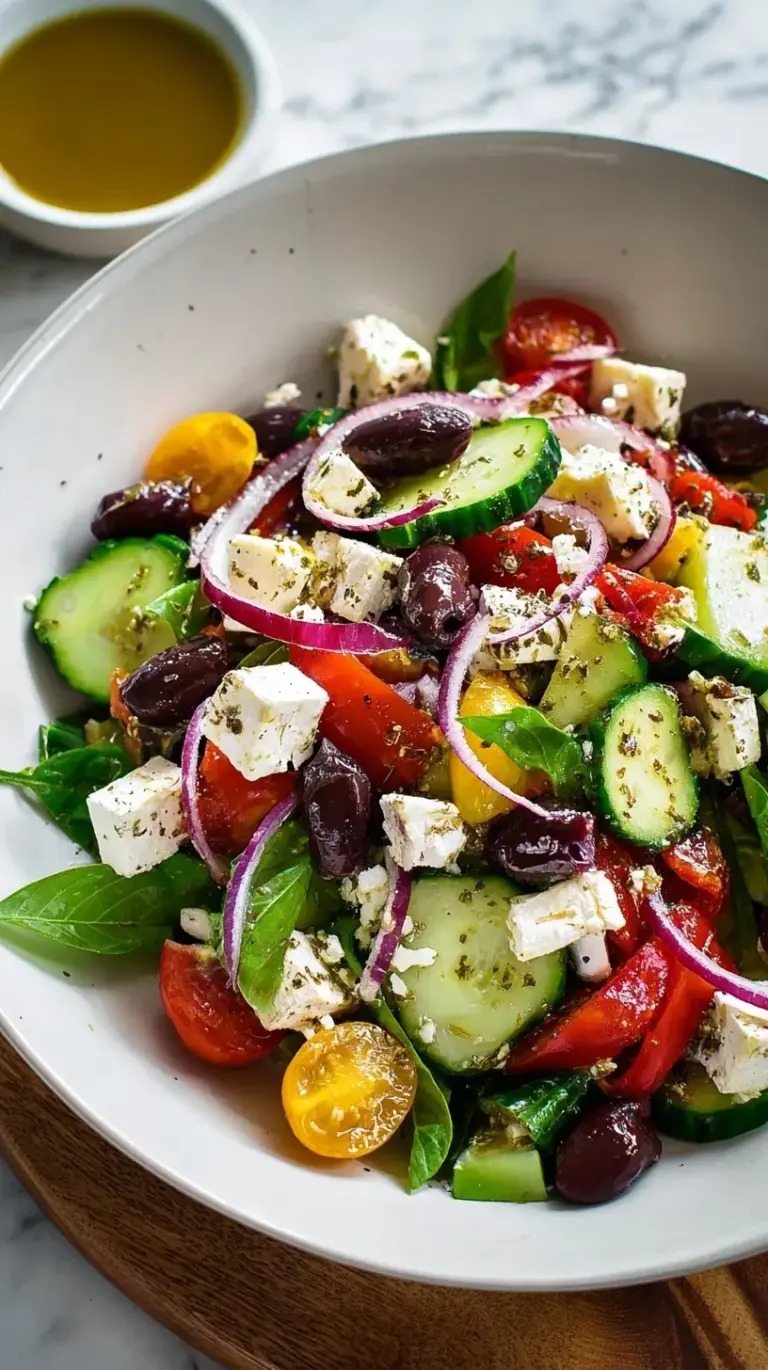 A vibrant, fresh Greek Salad in a large bowl with crisp cucumbers, ripe tomatoes, red onion, Kalamata olives, and a generous block of feta cheese, drizzled with olive oil.