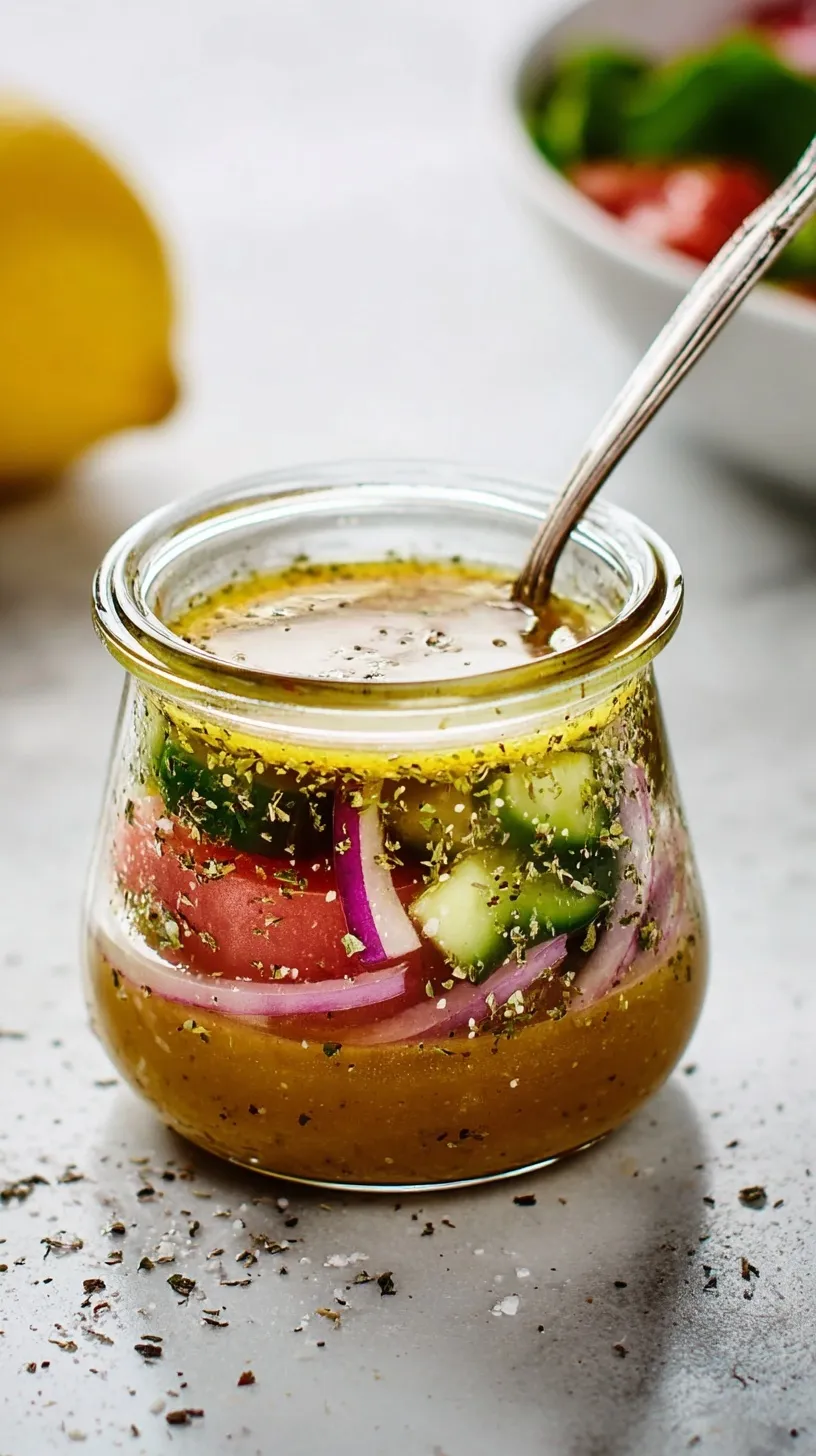 A close-up of a glass jar filled with golden homemade Greek Salad Dressing, with fresh herbs and a wooden spoon nearby.