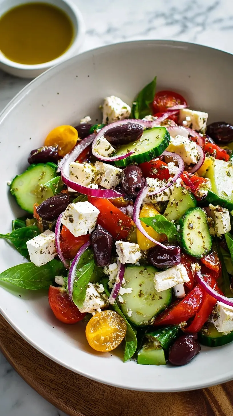 A vibrant, fresh Greek Salad in a large bowl with crisp cucumbers, ripe tomatoes, red onion, Kalamata olives, and a generous block of feta cheese, drizzled with olive oil.