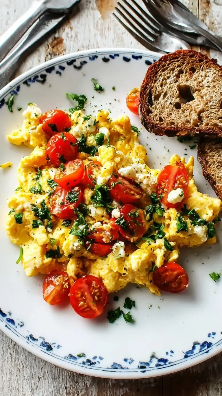 A close-up of golden, fluffy Greek scrambled eggs in a skillet, garnished with fresh herbs and crumbled feta cheese.