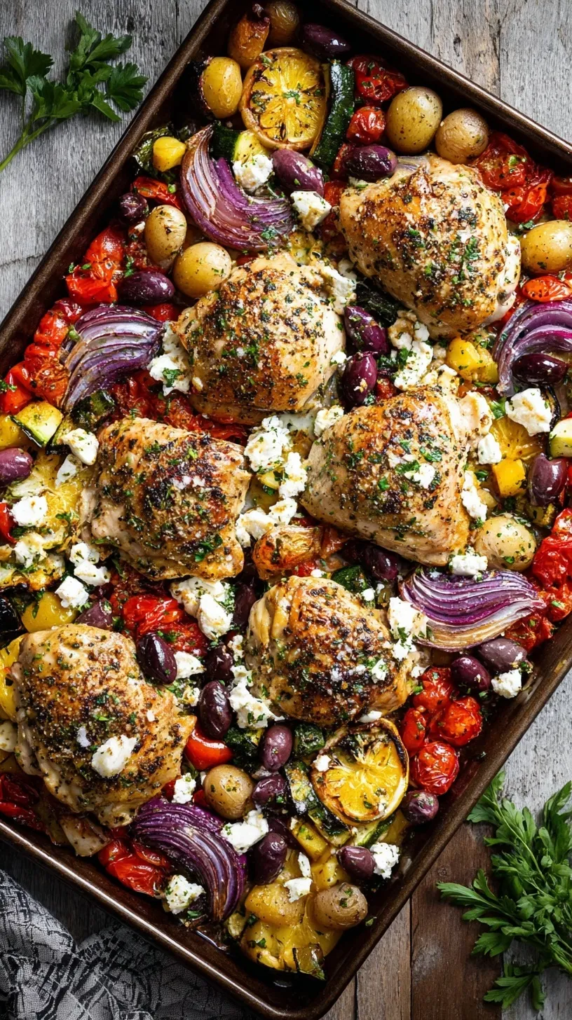 A vibrant Greek Sheet Pan Chicken dinner with golden-brown chicken thighs, roasted potatoes, bell peppers, and zucchini, garnished with fresh herbs.