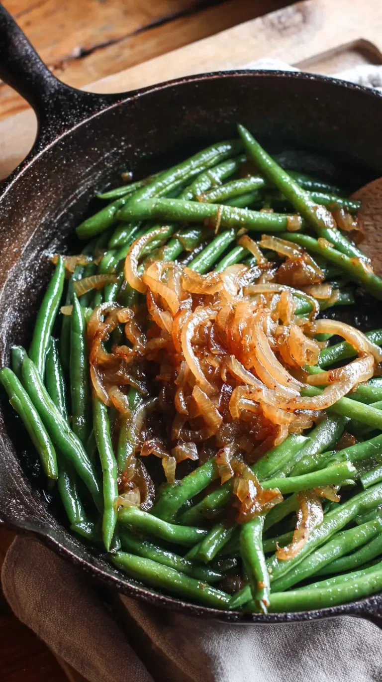 Fresh green beans tossed with sautéed onions in a skillet