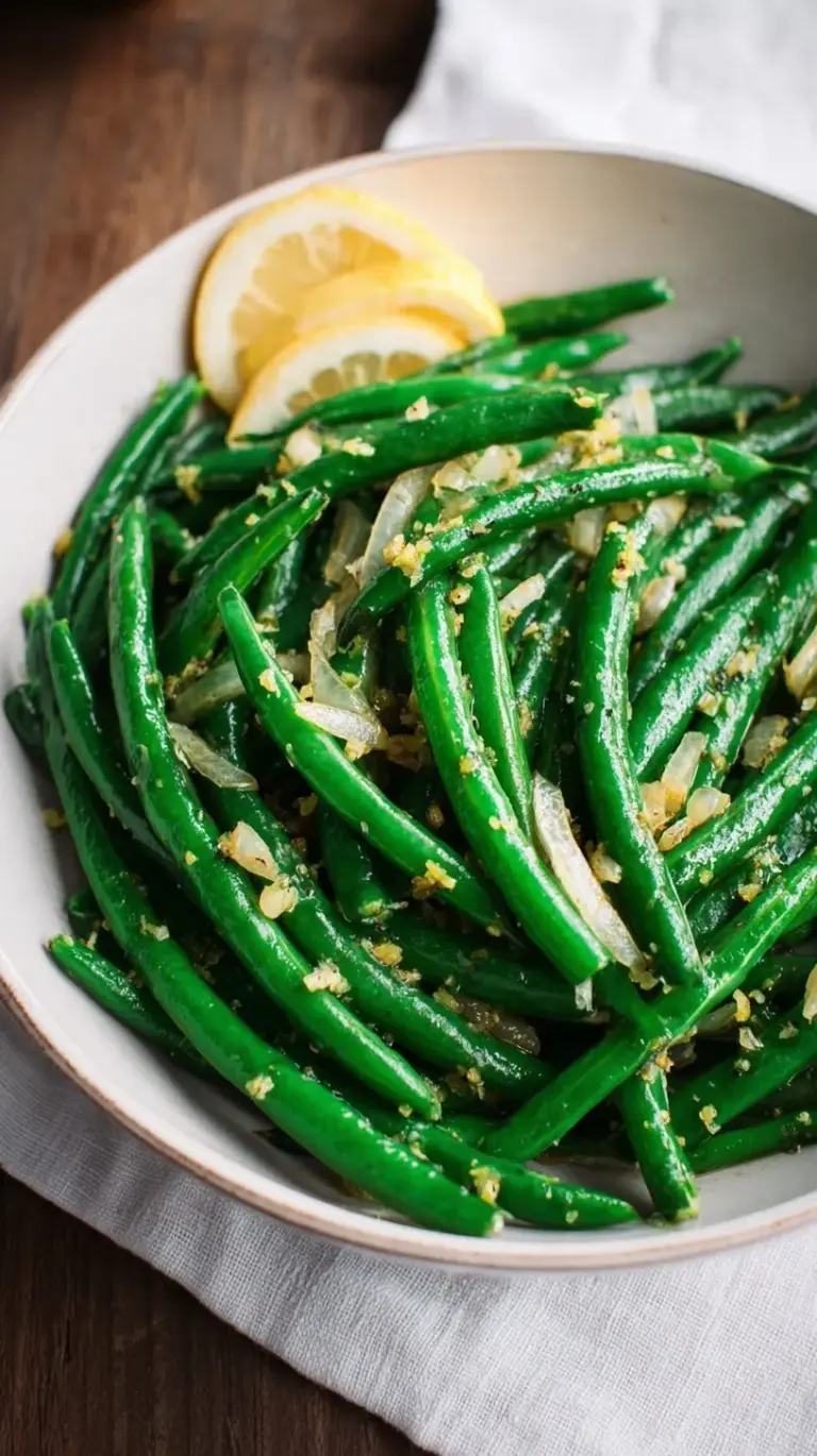A skillet of bright green beans with translucent minced shallots and lemon zest.