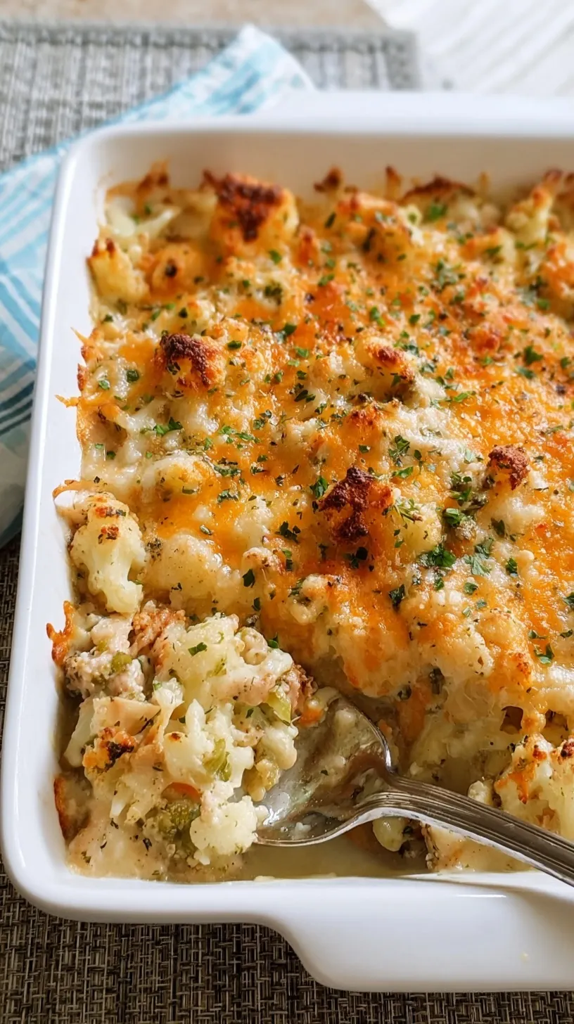 A bubbling dish of creamy cauliflower and chicken casserole topped with melted Monterey Jack cheese and green chiles.