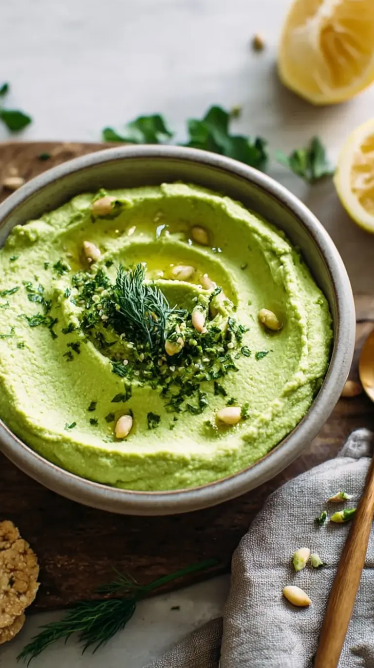 A bowl of bright green hummus topped with olive oil and fresh herbs