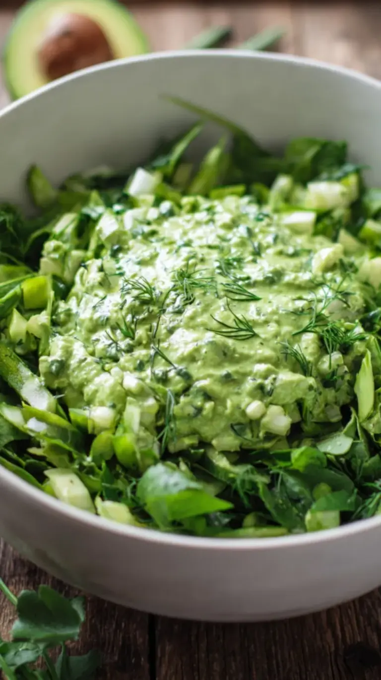 A vibrant green goddess salad in a white bowl with a creamy herb dressing