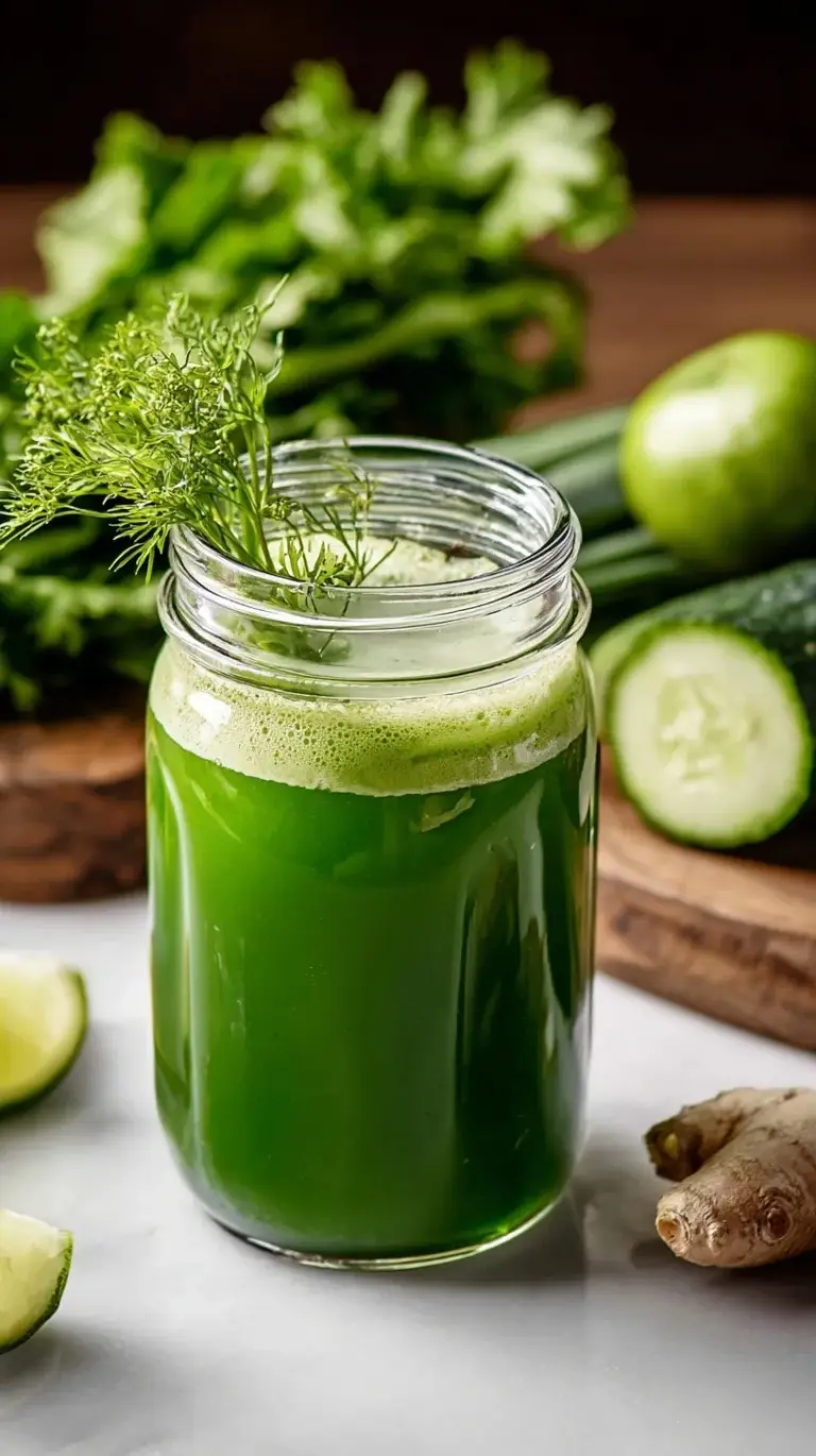 A tall glass of vibrant cold-pressed green juice with fresh kale, cucumber, and apple on a bright kitchen counter.