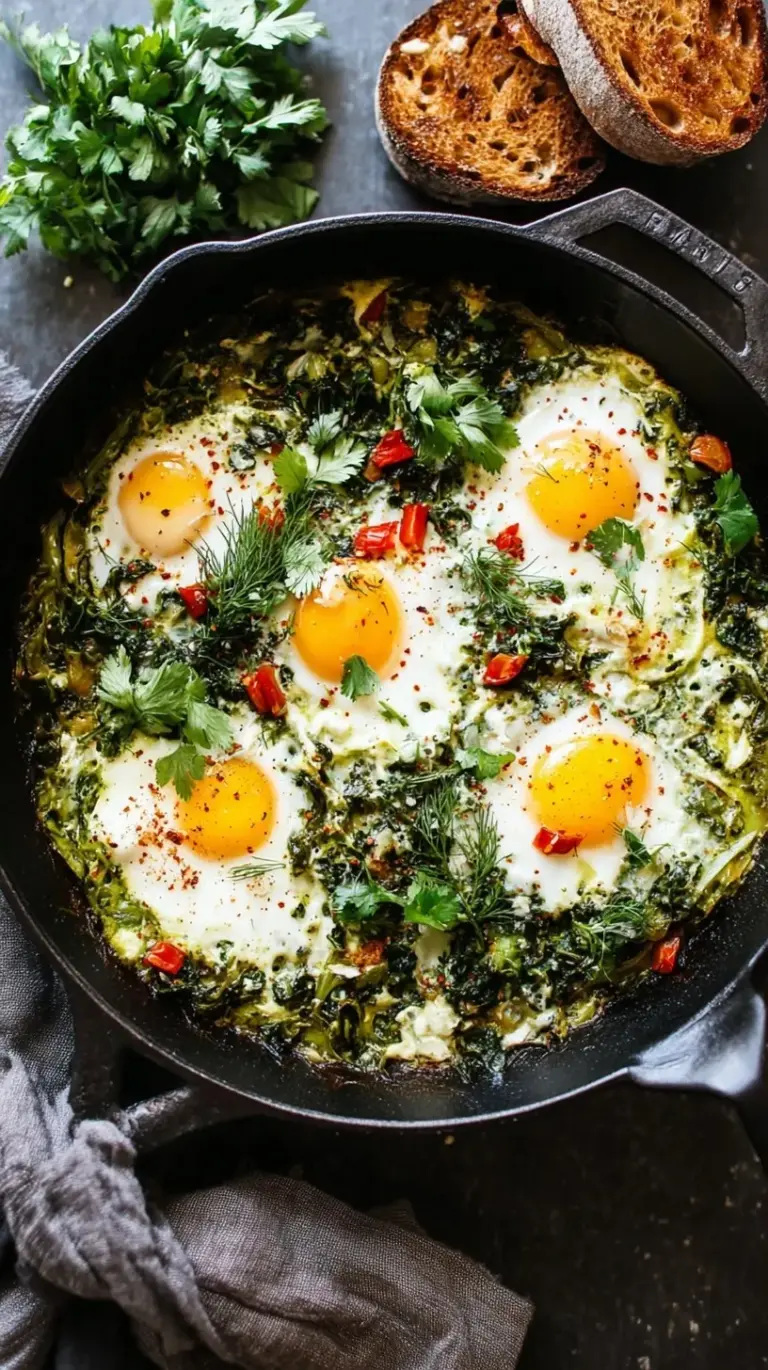 A close-up of a skillet filled with vibrant Green Shakshuka, featuring bright green sauce and perfectly poached eggs.