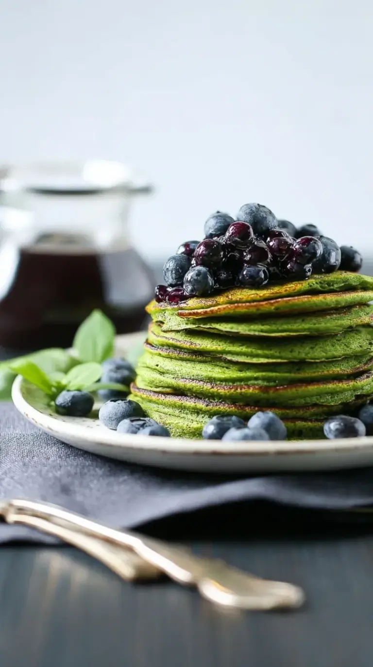 A stack of bright green pancakes topped with juicy macerated blueberries and maple syrup.