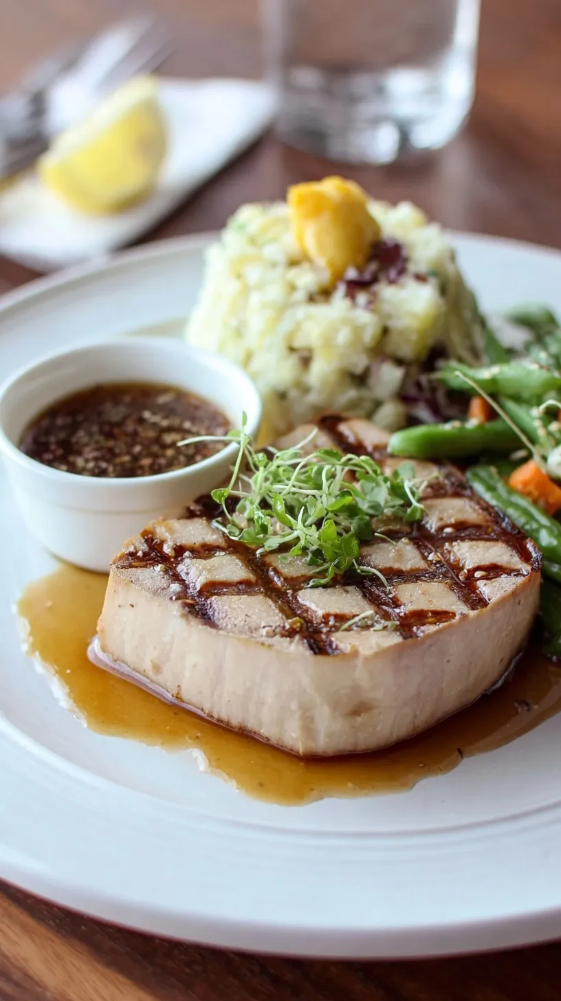 Perfectly grilled albacore tuna fillets drizzled with a vibrant citrus ginger sauce, garnished with fresh herbs.