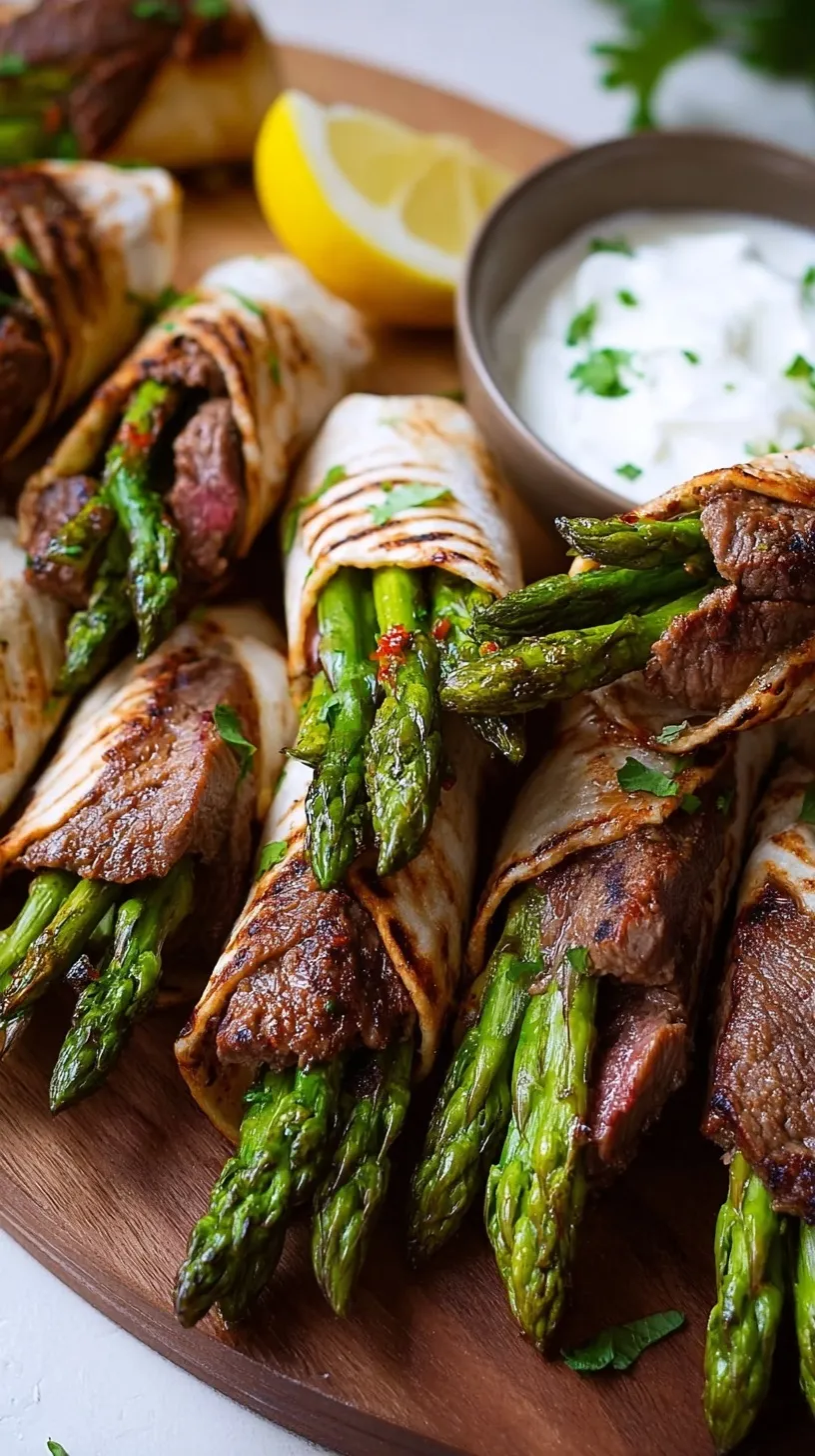 Grilled steak fajita roll-ups with asparagus and peppers on a wooden serving board