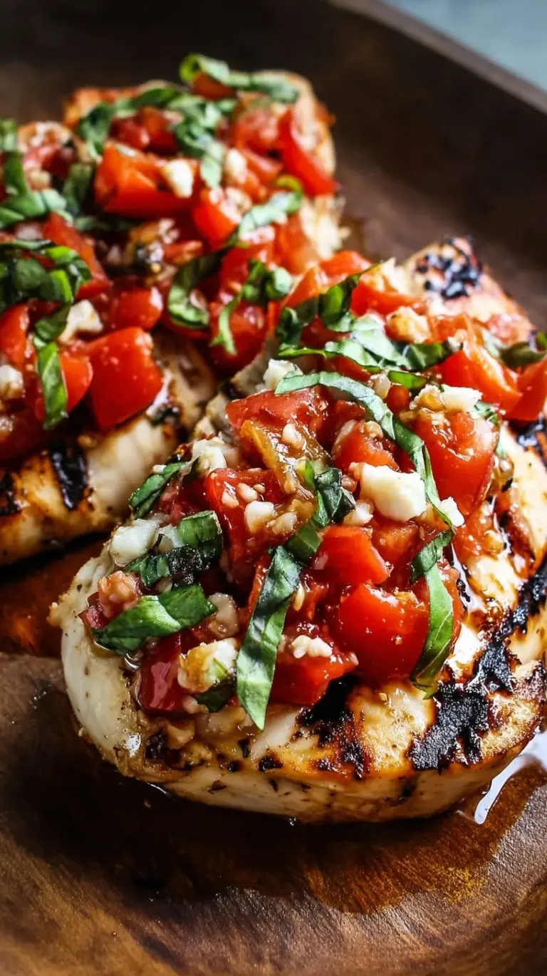 Grilled chicken breast topped with melted mozzarella and fresh tomato bruschetta on a white platter