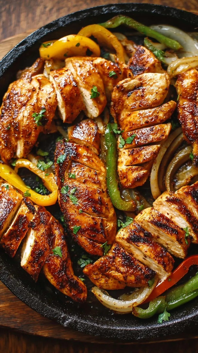 Platter of grilled chicken fajitas with charred peppers and onions next to warm tortillas