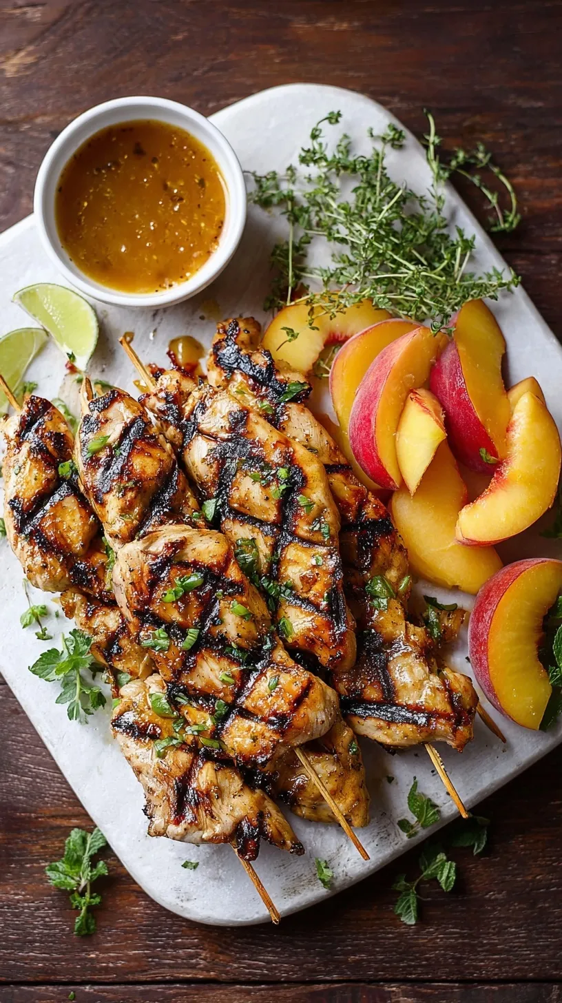 Grilled chicken breast and charred peach halves drizzled with a clear honey ginger glaze and topped with fresh cilantro.