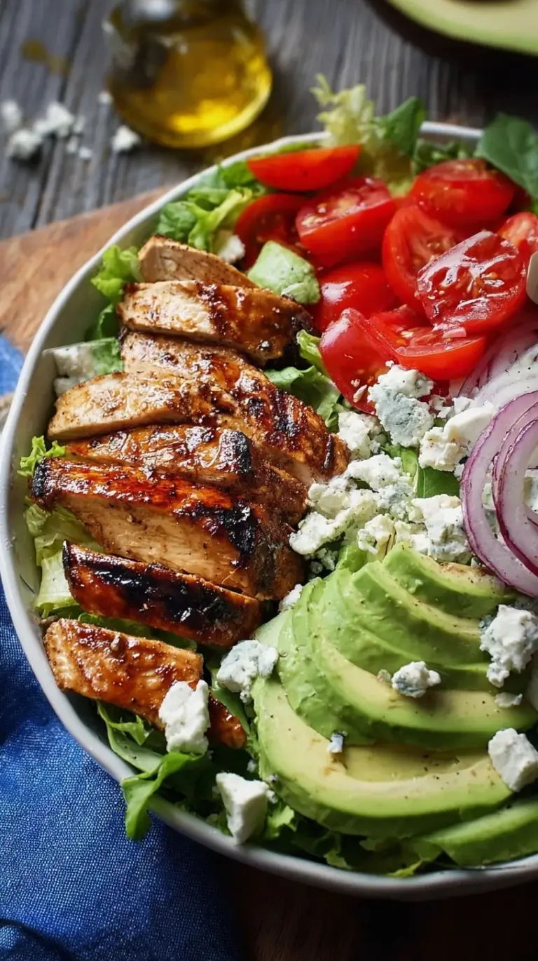 A fresh grilled chicken salad with sliced avocado, crumbled feta, and cherry tomatoes in a white bowl.