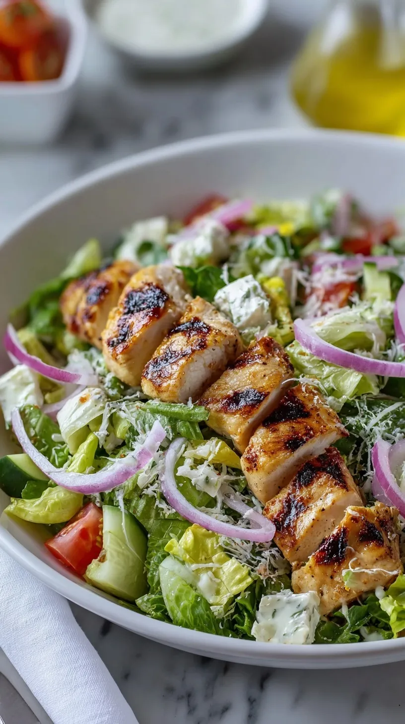 A fresh grilled chicken salad with cherry tomatoes, cucumbers, and feta cheese in a white bowl.
