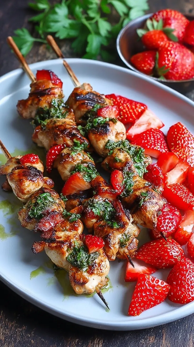 Grilled chicken skewers with charred strawberries and balsamic glaze on a white platter