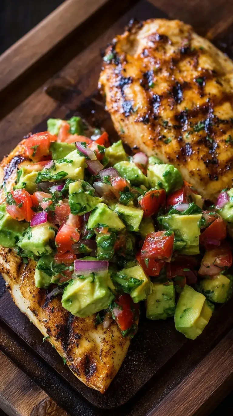 Juicy grilled chicken breast topped with a vibrant green avocado and red tomato salsa on a white plate.