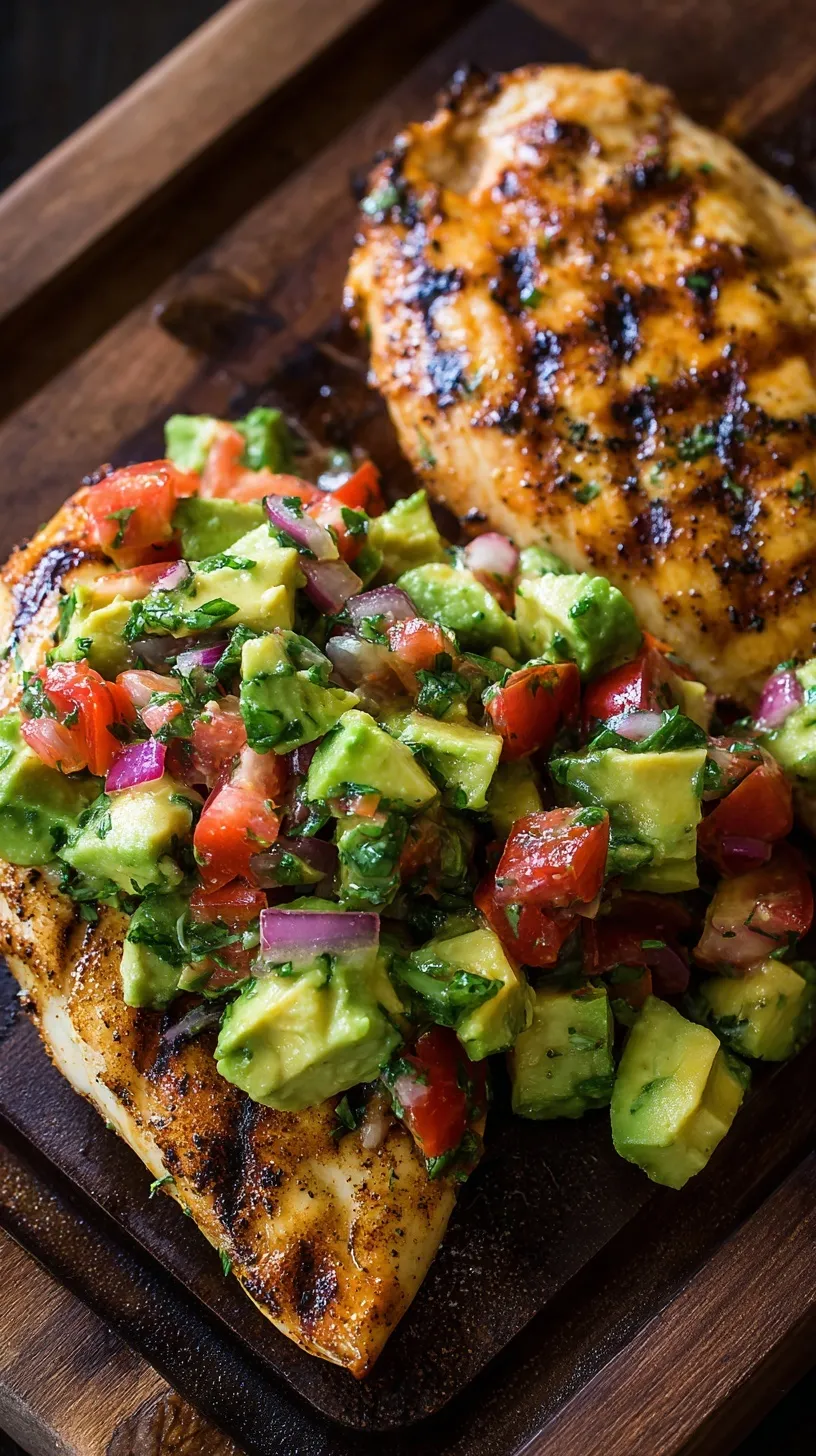 Juicy grilled chicken breast topped with a vibrant green avocado and red tomato salsa on a white plate.
