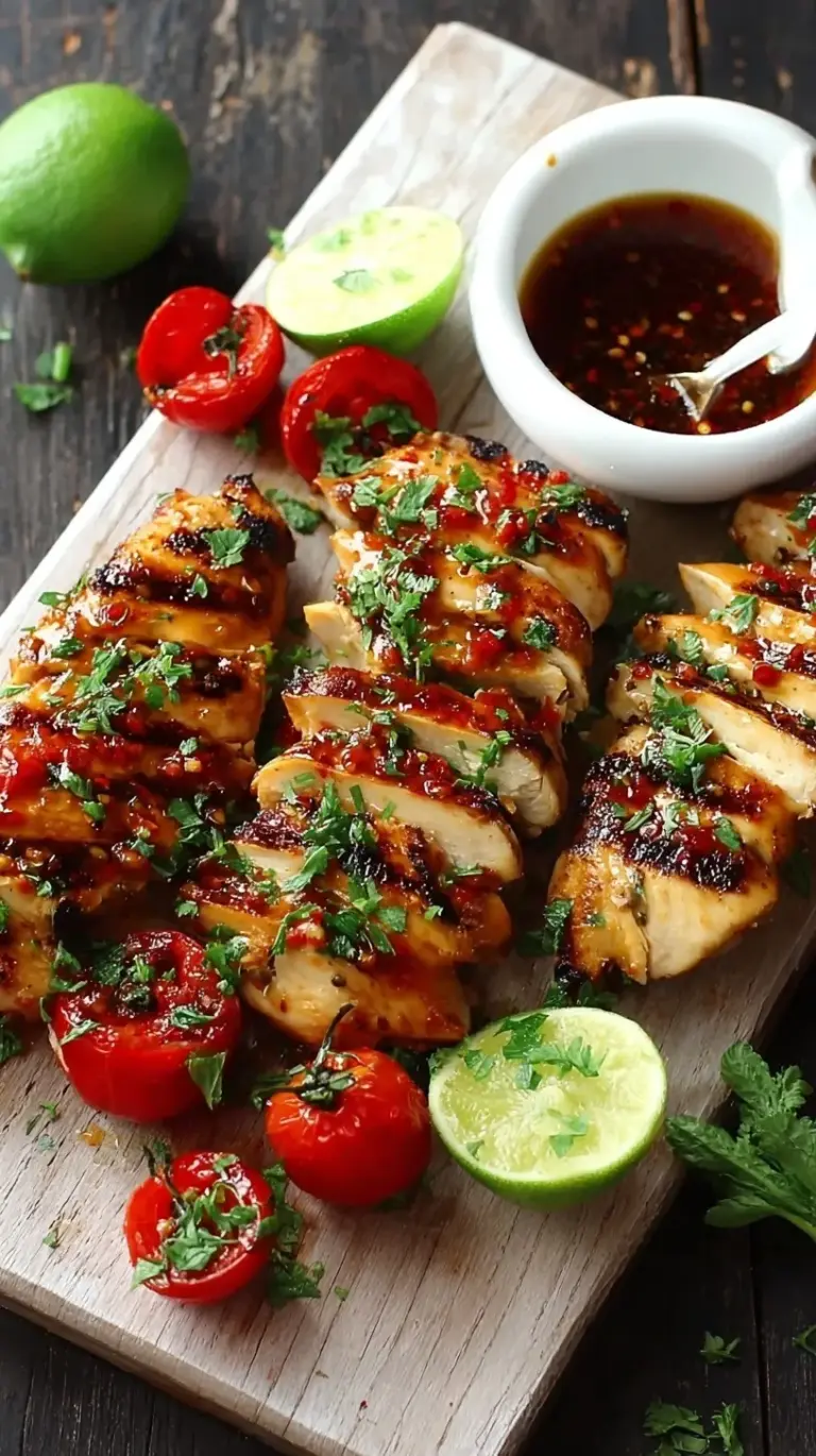 Juicy grilled chicken breasts drizzled with a bright chili lime sauce and topped with fresh cilantro on a white platter.