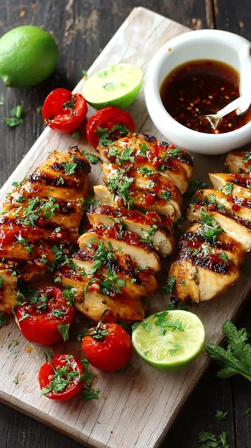 Juicy grilled chicken breasts drizzled with a bright chili lime sauce and topped with fresh cilantro on a white platter.