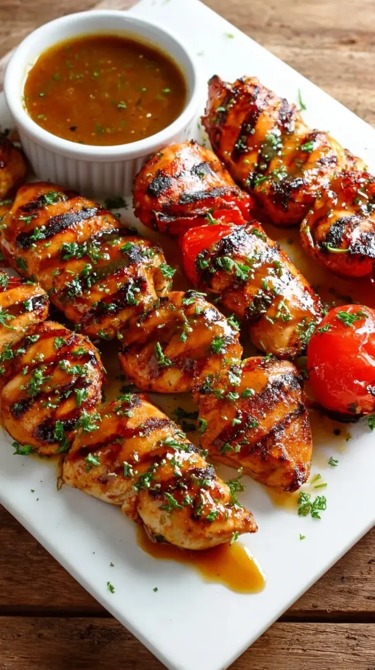 Grilled chicken breasts with a glossy garlic brown sugar glaze on a white platter