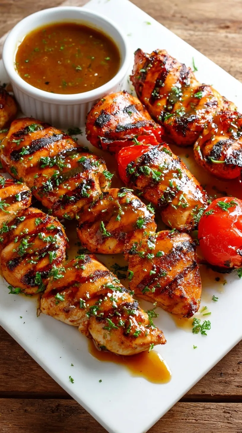 Grilled chicken breasts with a glossy garlic brown sugar glaze on a white platter
